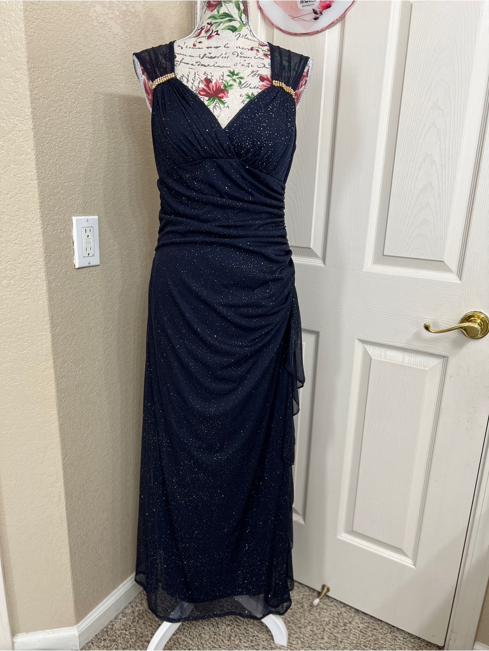 Blondie Nites Navy Blue Sparkle Dress Gold Accent Sz 13